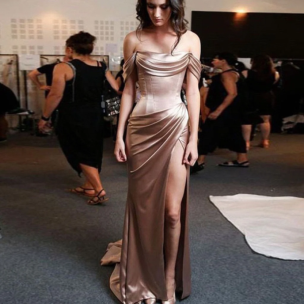 

Champagne Prom Dresses Off The Shoulder Satin Sheath High Slit Pleated Long Sexy Evening Party Gown Vestido De Gala New 2022 New