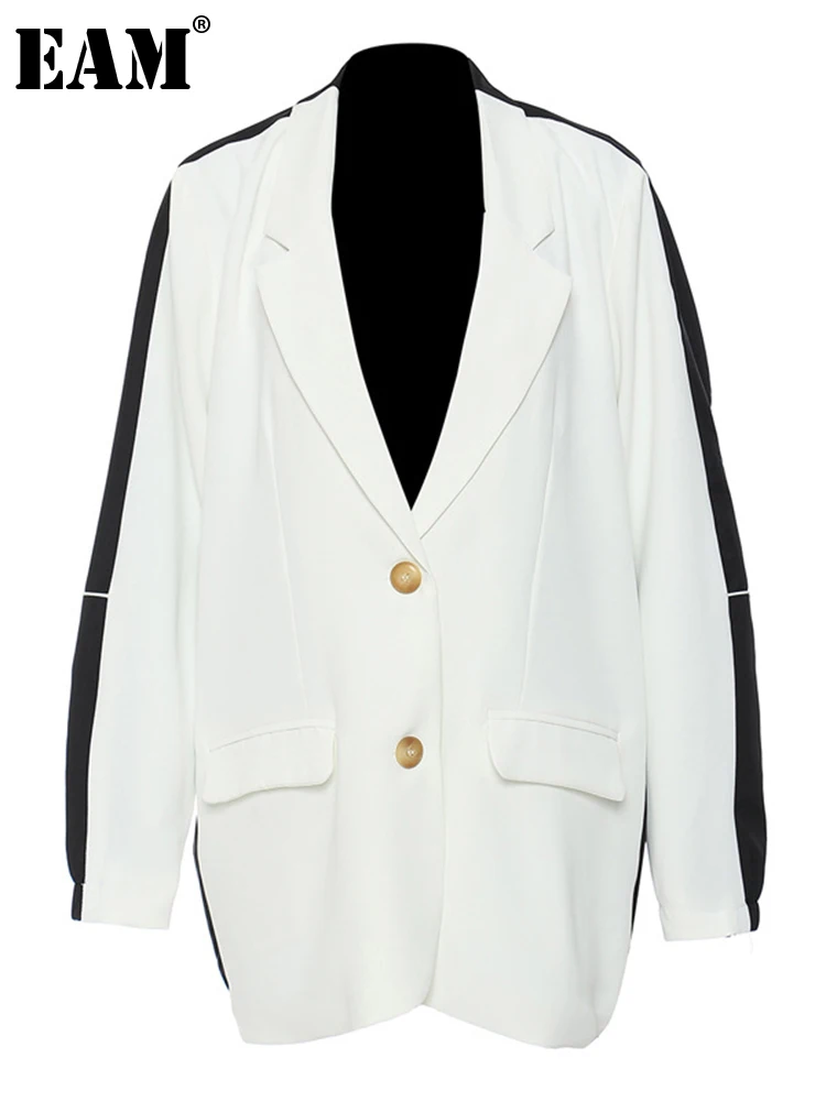 [EAM] Женский Белый контрастный Блейзер большого размера новая свободная куртка с
