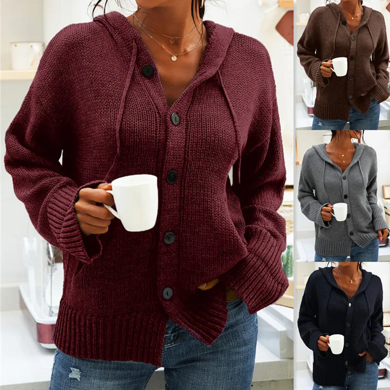 Autumn and winter women's stand-alone hooded knitted long-sleeved buttoned cardigan drawstring knitted sweater
Autumn and winter women's stand-alone hooded knitted long-sleeved buttoned cardigan drawstring knitted sweater