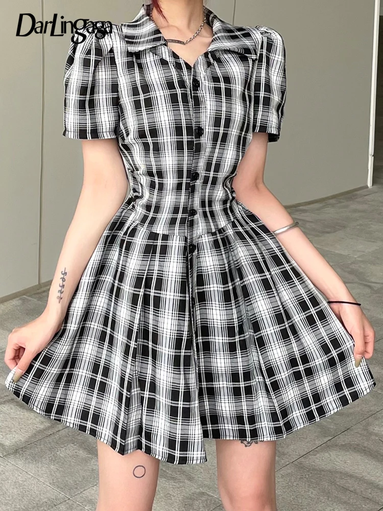 Darlingaga Casual Black White Plaid Pleated Mini Women's Dress Summer Turn-Down Collar Preppy Sundress Slim Korean Fashion Cloth
Darlingaga Casual Black White Plaid Pleated Mini Women's Dress Summer Turn-Down Collar Preppy Sundress Slim Korean Fashion Cloth