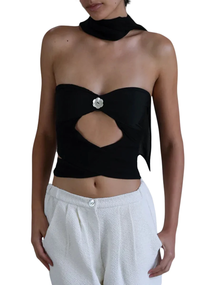 

Sexy Black Strapless Bandeau Summer New Women Halterneck Tops Casual Cutout Bandage Backless Sleeveless Crop Camis Streetwear