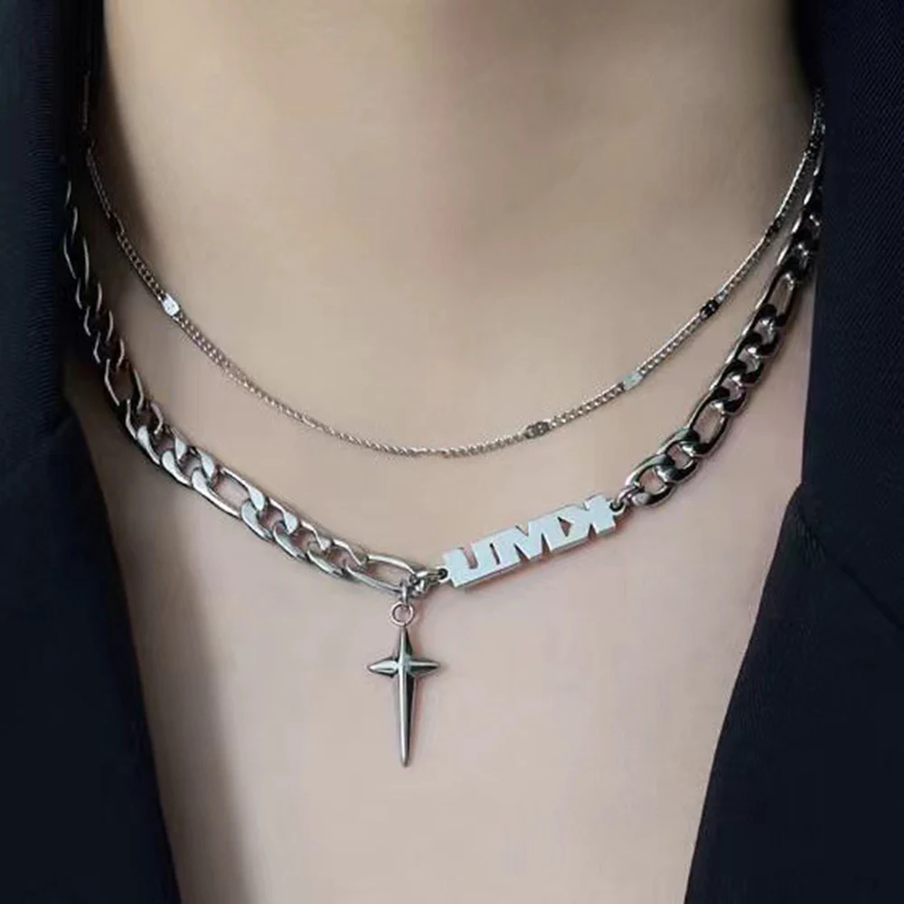 

New Design Double Layer Choker Chain Cross Star Necklace for Women Man Teens Trendy Punk Hip hop Stainless Steel Jewelry