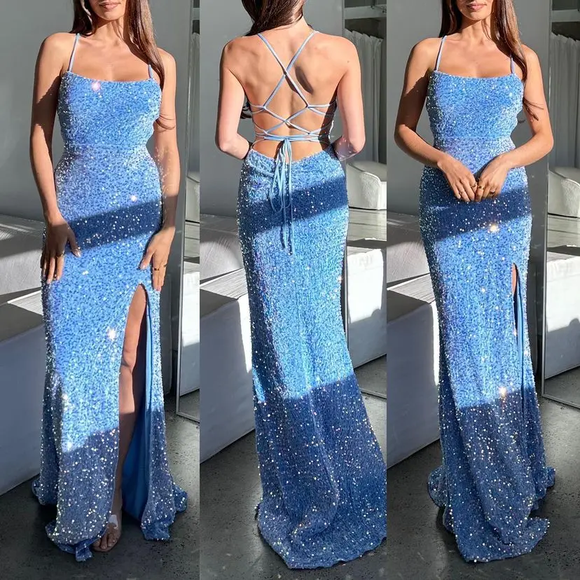 Elegant Mermaid Prom Dresses Custom Made Spaghetti Straps Sleeveless Sequin Sweep Train Split Sexy Evening Formal Dress
Elegant Mermaid Prom Dresses Custom Made Spaghetti Straps Sleeveless Sequin Sweep Train Split Sexy Evening Formal Dress