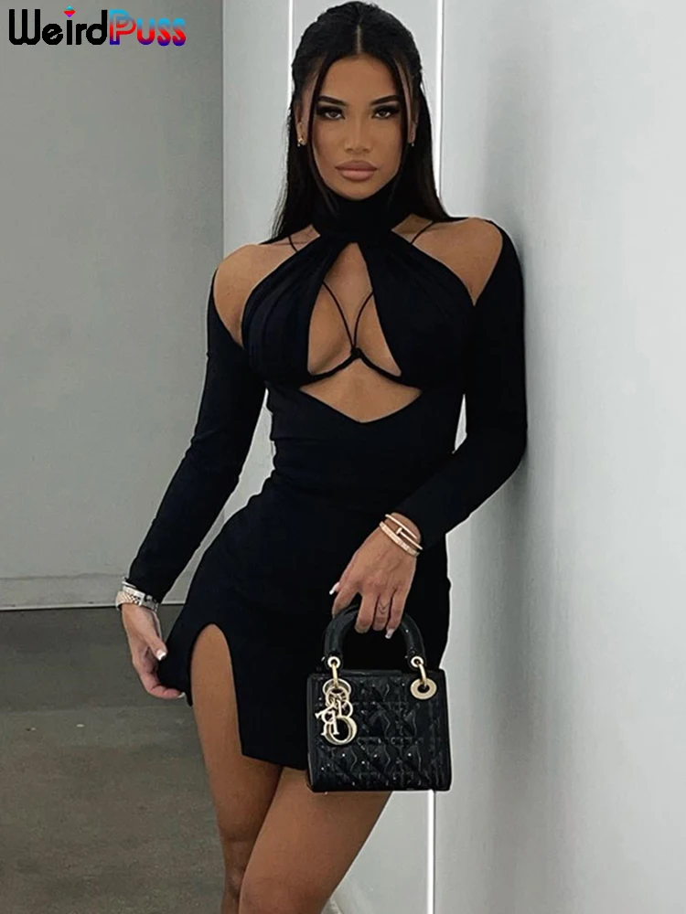 Weird Puss Hollow Wrap Sexy Dress Women Long Sleeve Autumn Trend Turtleneck Side Split Mini Bodycon Birthday Party Slim Clubwear
Weird Puss Hollow Wrap Sexy Dress Women Long Sleeve Autumn Trend Turtleneck Side Split Mini Bodycon Birthday Party Slim Clubwear