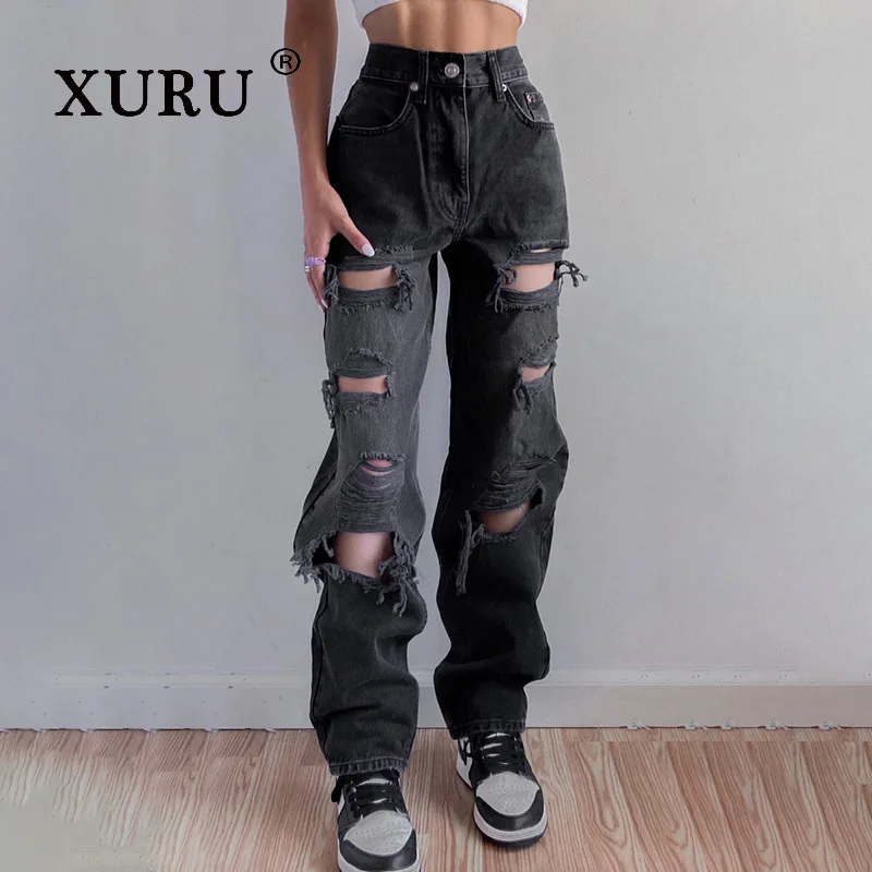 

XURU - New European and American Distressed Jeans for Women, High-quality High Waisted Loose Fitting Long Jeans K5-6646