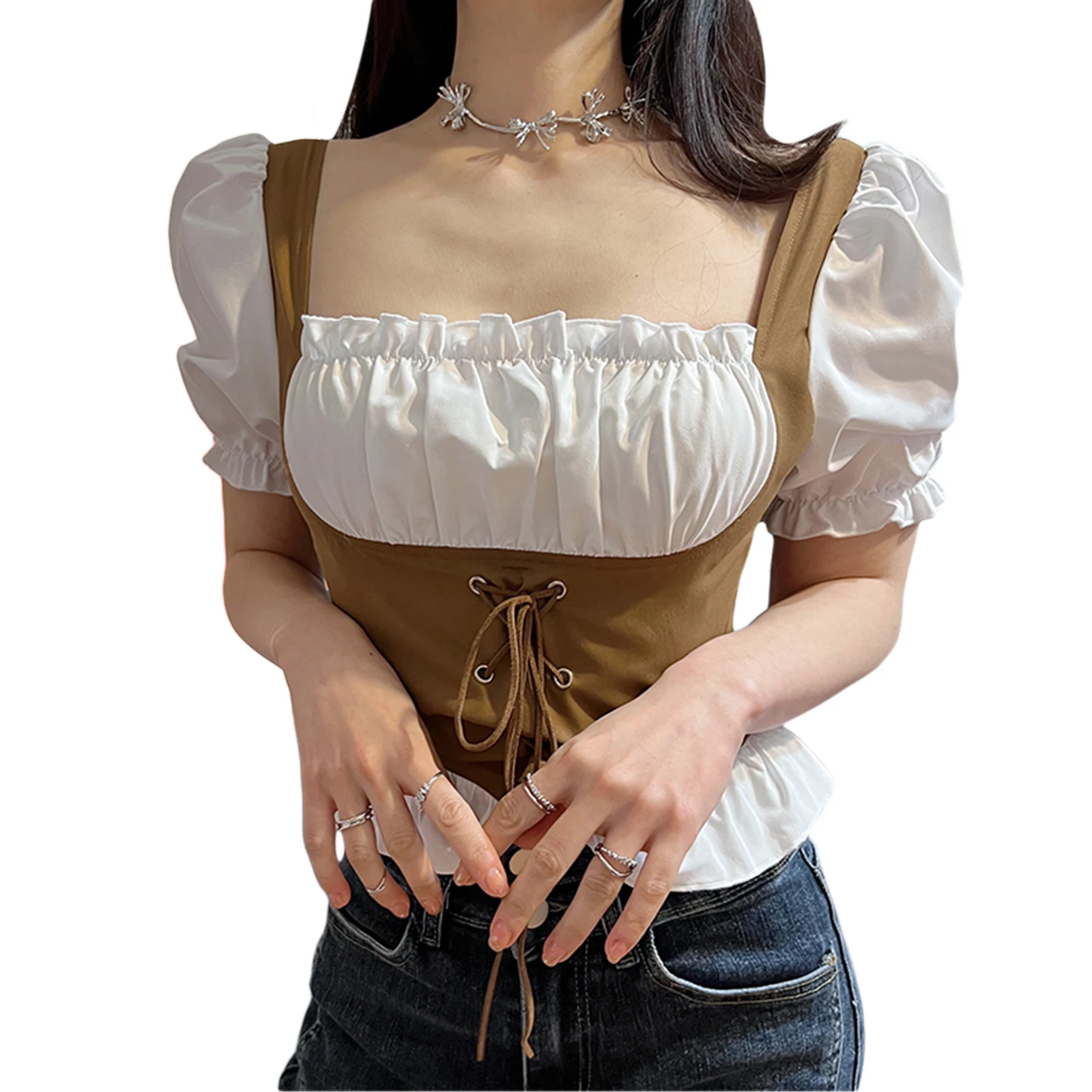Women Summer Crop Shirt, Short Sleeve Square Neck Patchwork Ruched Ruffle Tie-Up Short Shirt, Ladies Slim Navel Tops
Women Summer Crop Shirt, Short Sleeve Square Neck Patchwork Ruched Ruffle Tie-Up Short Shirt, Ladies Slim Navel Tops