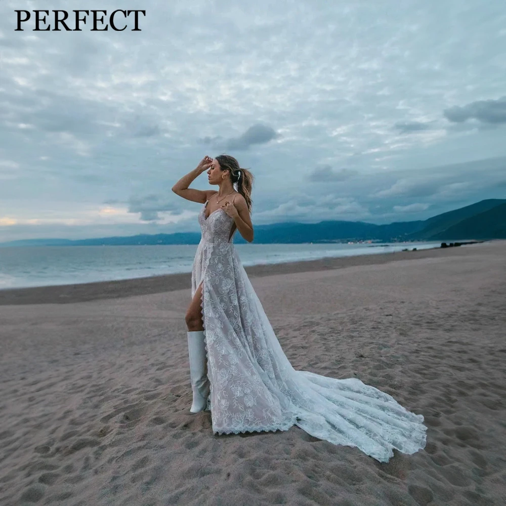 

PERFECT Wedding Dresses For Woman 2024 Stunning V-Neck A-line Lace Appliques Open Back Spaghetti Straps Front Robe De Mariee