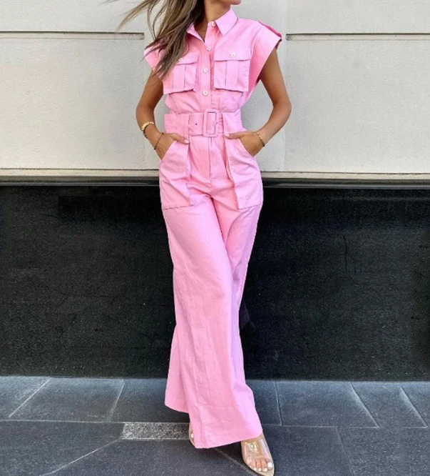 Jumpsuit Women 2023 Summer Fashion Solid Color Turn-Down Collar Short Sleeve Casual Pocket Design Wide Leg Jumpsuit Streetwear
Jumpsuit Women 2023 Summer Fashion Solid Color Turn-Down Collar Short Sleeve Casual Pocket Design Wide Leg Jumpsuit Streetwear