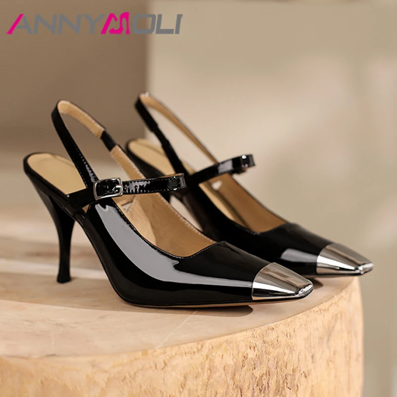 

Туфли-лодочки ANNYMOLI женские из натуральной кожи, пикантная обувь на тонком каблуке, с пряжкой, квадратный носок, очень высокий каблук, черные, на лето