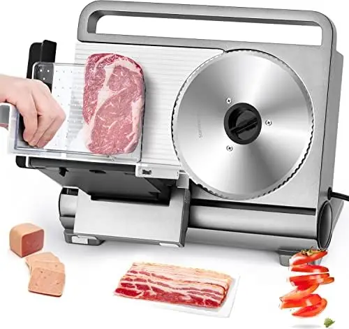 Meat Slicer Deli Slicer for Home with Removable 7.5" Stainless Steel Blade, 0-15mm Adjustable Slicing Thickness, with Food Per
Meat Slicer Deli Slicer for Home with Removable 7.5" Stainless Steel Blade, 0-15mm Adjustable Slicing Thickness, with Food Per