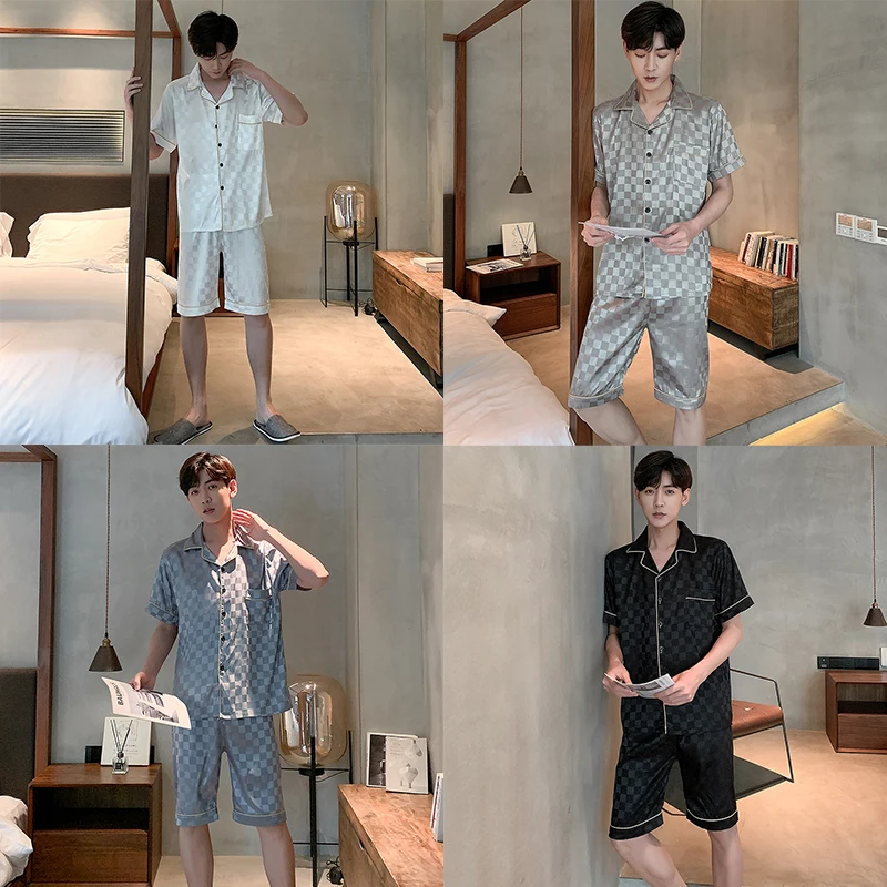 Summer Men's Ice Silk Pyjamas Short Sleeve Shorts Gentleman Checked Print Satin Sleepwear Casual Man Rayon Homewear Suit
Summer Men's Ice Silk Pyjamas Short Sleeve Shorts Gentleman Checked Print Satin Sleepwear Casual Man Rayon Homewear Suit