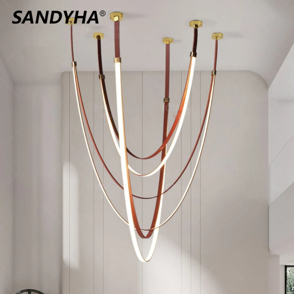 

SANDYHA Post-modern Minimalist Living Room Chandelier Creative Long Strip Belt Led Lamp for Villa Hall Duplex LOFT Pendant Light