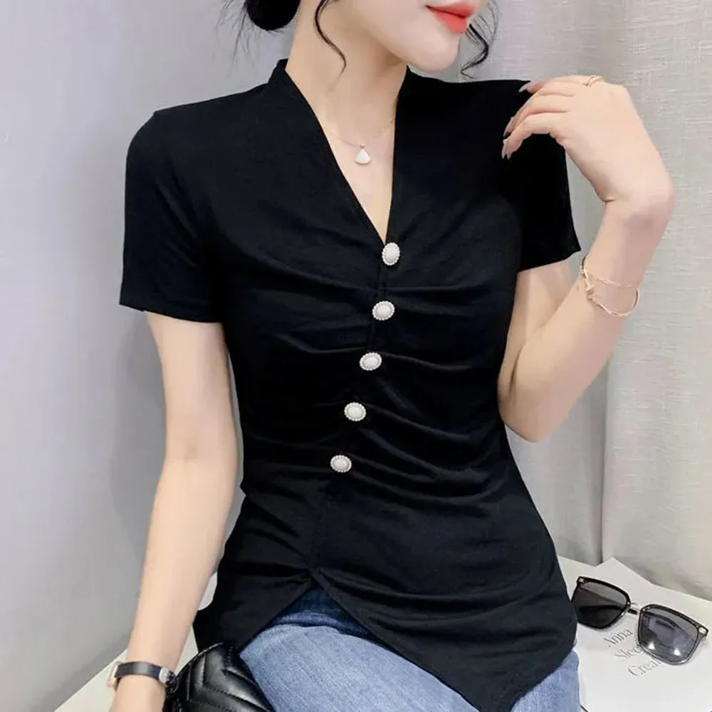 Irregular Pearl Button T Shirt Women V-neck Sexy Tight T Shirt Female Fashion Chic Tee Women T-shirt Short Sleeve Korean Style
Irregular Pearl Button T Shirt Women V-neck Sexy Tight T Shirt Female Fashion Chic Tee Women T-shirt Short Sleeve Korean Style