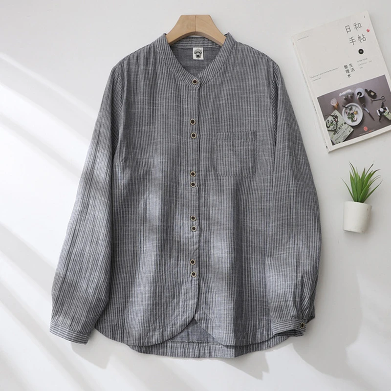 Women Cotton Yarn Plaid Shirts Loose Stand Collar Striped Blouses Casual Lady Tops Female Clothes Spring Autumn New Arrivals
Women Cotton Yarn Plaid Shirts Loose Stand Collar Striped Blouses Casual Lady Tops Female Clothes Spring Autumn New Arrivals