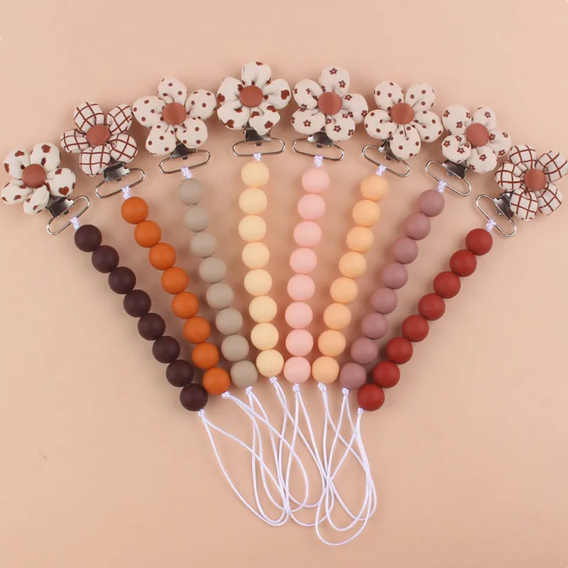 

Cute Flower Baby Pacifier Clips Soft Silicone Beads Newborn Pacifiers Holder Teether Chain Dummy Nipple Clips Pacifiers Leashes