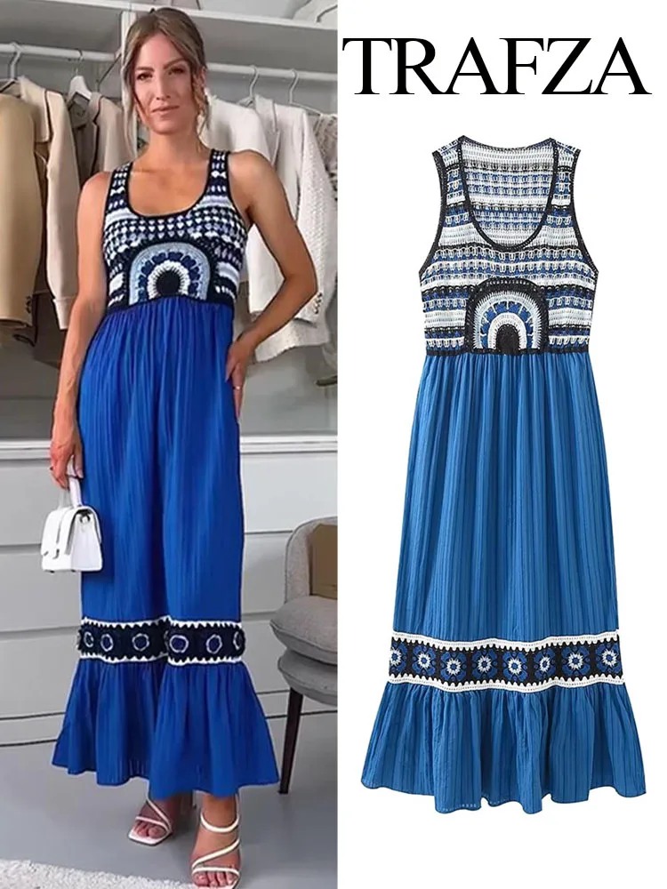 TRAFZA Woman's Vintage And Chic Crochet Dresses Blue O-Neck Patchwork Sleeveless Female Indie Folk Style Slim Long Dresses
TRAFZA Woman's Vintage And Chic Crochet Dresses Blue O-Neck Patchwork Sleeveless Female Indie Folk Style Slim Long Dresses