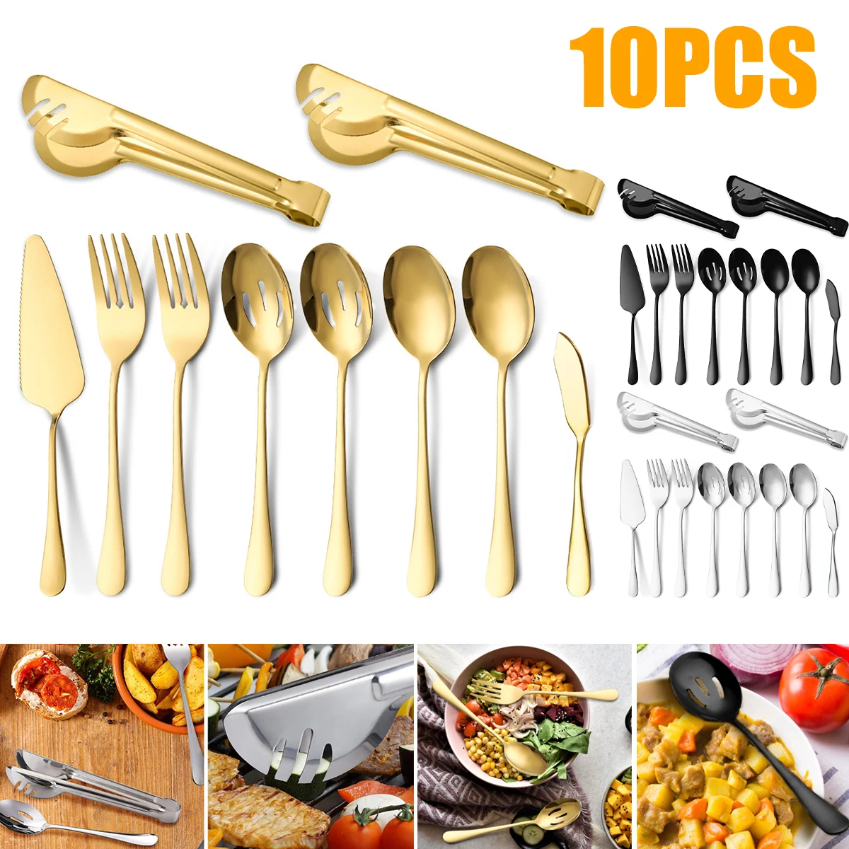 

10Pcs Serving Utensils Stainless Steel Flatware Serving Utensils Set with Serving Spoons Slotted Spoons Serving Forks Tongs