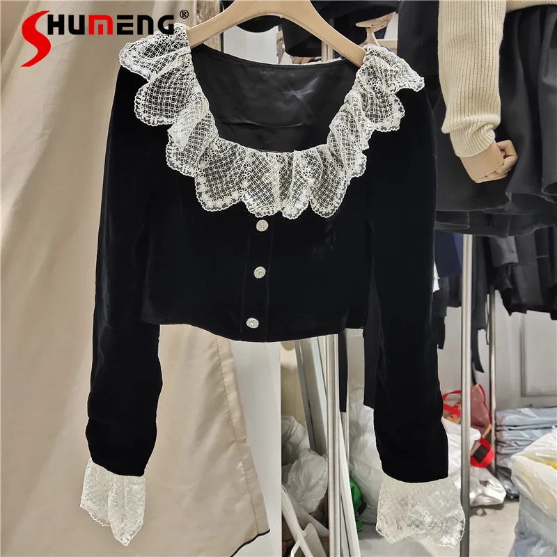 Женская бархатная рубашка с кружевной строчкой, черная Базовая рубашка с квадратным вырезом и французской талией, весна 2022
Женская бархатная рубашка с кружевной строчкой, черная Базовая рубашка с квадратным вырезом и французской талией, весна 2022