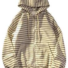 Zip Up Women Korean Style Hoodies For Girls Top Vintage stripe Long Sleeve Oversized Hooded Sweatshirt Jacket Casual Large Coats