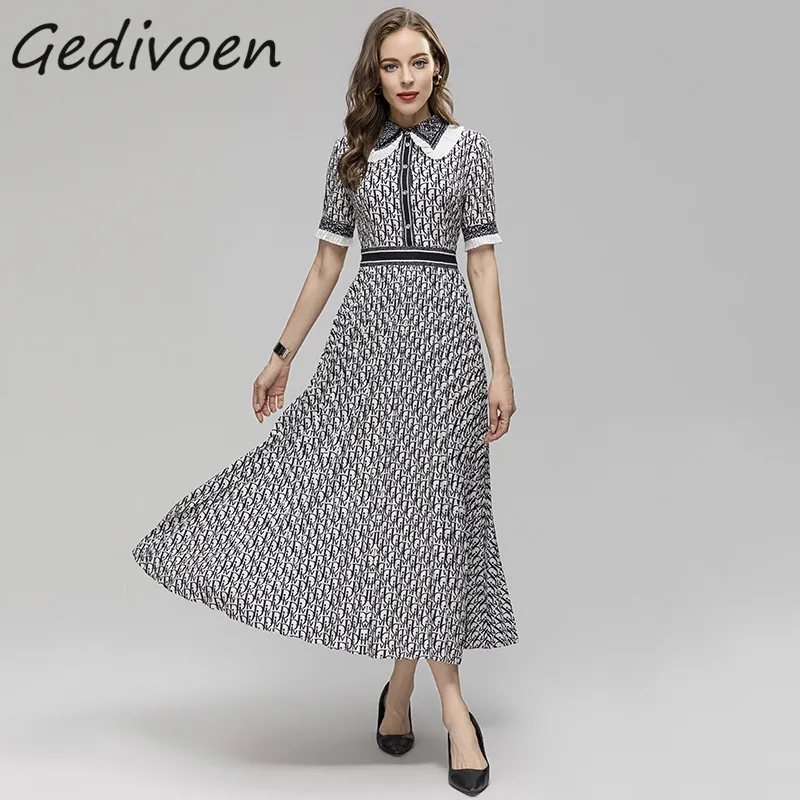 

Женское платье с отложным воротником Gedivoen, летнее модельное винтажное платье с принтом букв, оборками и пуговицами, тонкое длинное платье с высокой талией