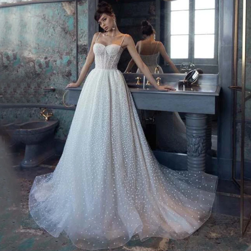 Sweetheart Spaghetti Straps Pleats Zipper A-Line Sparkle Dot Tulle Zipper Wedding Dress Bridal Gown Vestido De Noiva
Sweetheart Spaghetti Straps Pleats Zipper A-Line Sparkle Dot Tulle Zipper Wedding Dress Bridal Gown Vestido De Noiva
