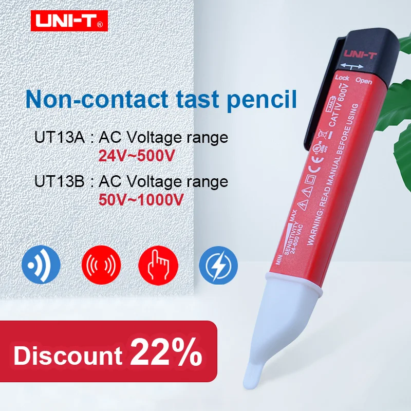 UNI-T UT13A/B handheld AC Voltage Detectors 24V ~ 1000 V 50/60Hz Volt Tester Pen Adjustable Sensitivity (High Sensitive)
UNI-T UT13A/B handheld AC Voltage Detectors 24V ~ 1000 V 50/60Hz Volt Tester Pen Adjustable Sensitivity (High Sensitive)