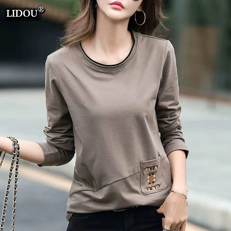 Casual O-neck Patchwork Pockets Long Sleeved T-shirts Fashion New Spring Autumn Solid Color Skinny Wild Retro Women's Clothing
Casual O-neck Patchwork Pockets Long Sleeved T-shirts Fashion New Spring Autumn Solid Color Skinny Wild Retro Women's Clothing