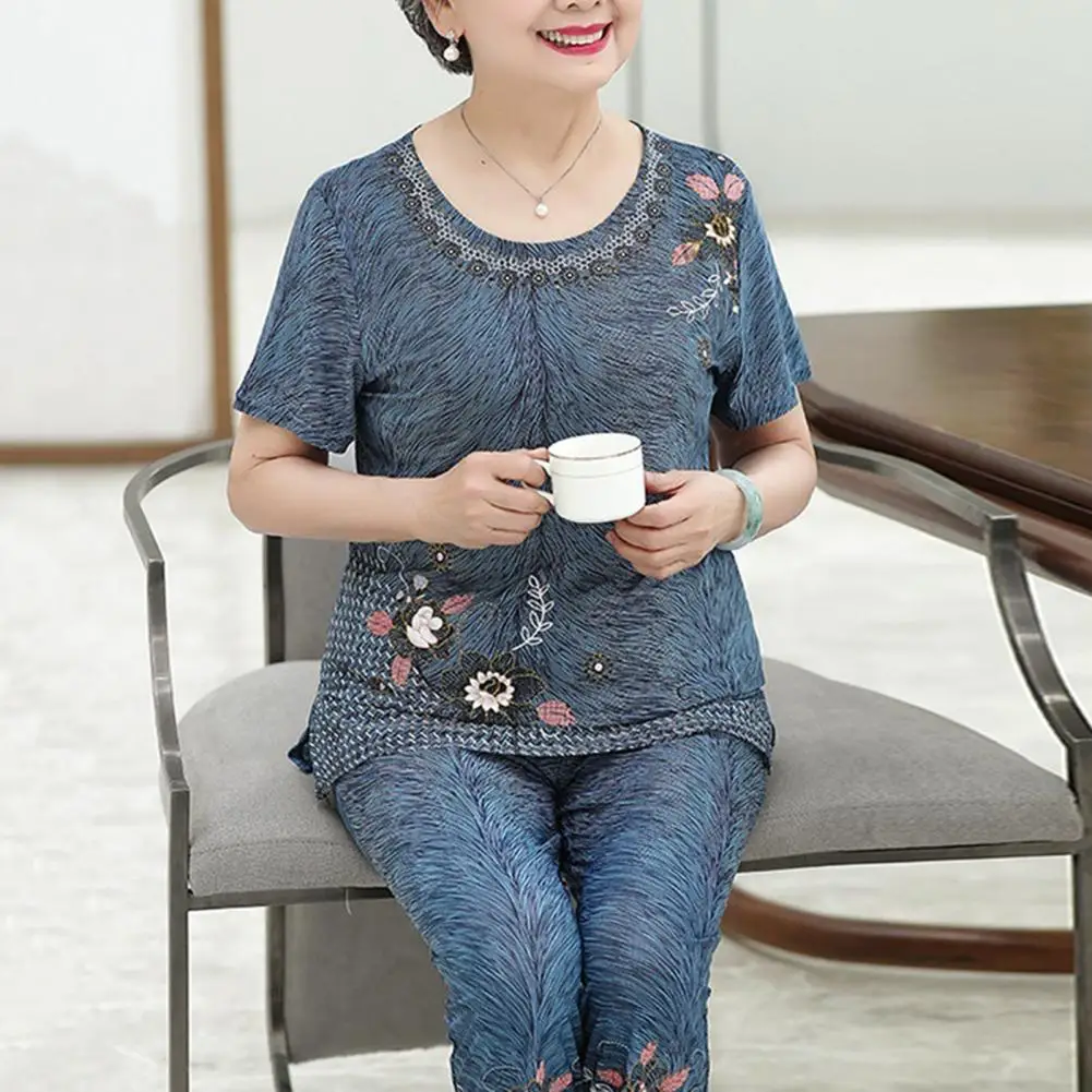 Flower Print T-shirt Elegant Flower Print Grandma T-shirt Pants Suit Breathable High Elastic Summer Set for Elderly Women Summer
Flower Print T-shirt Elegant Flower Print Grandma T-shirt Pants Suit Breathable High Elastic Summer Set for Elderly Women Summer