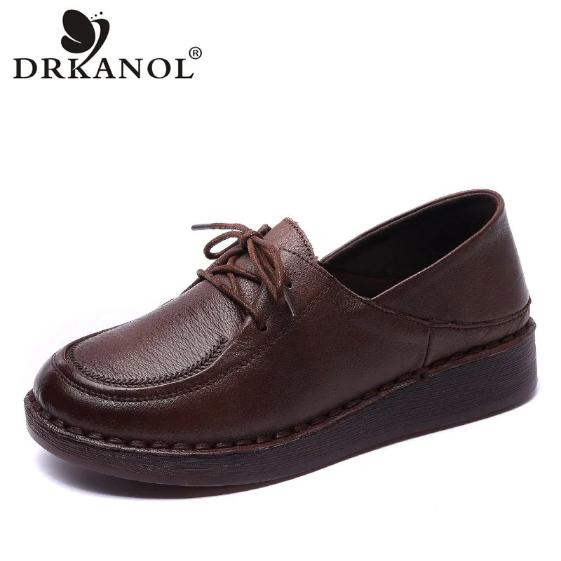 

DRKANOL Retro Women Flat Shoes 2022 Spring Handmade Genuine Cow Leather Soft Cow-muscle Sole Mother Casual Single Shoes Footwear