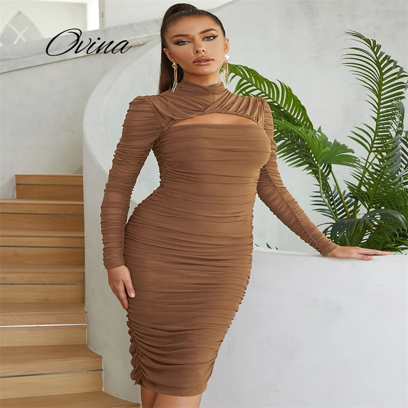 2022 Autumn New Brown High Neck Long Sleeve Tight Knee Length Women's Elegant Party Dress
2022 Autumn New Brown High Neck Long Sleeve Tight Knee Length Women's Elegant Party Dress