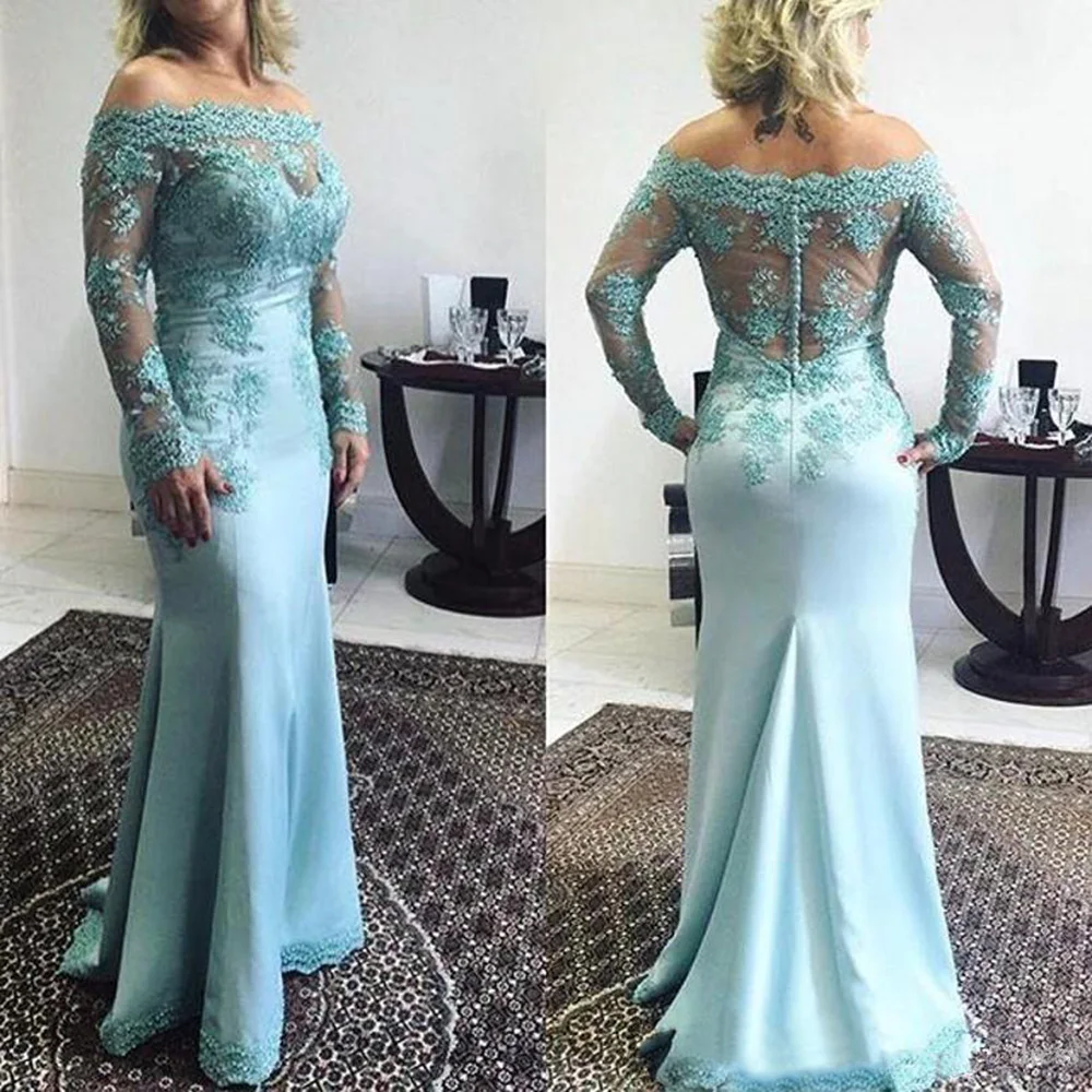 Floor Length Mother of the Bride Dresses Off the Shoulder Long Sleeve Plus Size Lace Mermaid Dress Mint Green Bridal Gowns
Floor Length Mother of the Bride Dresses Off the Shoulder Long Sleeve Plus Size Lace Mermaid Dress Mint Green Bridal Gowns