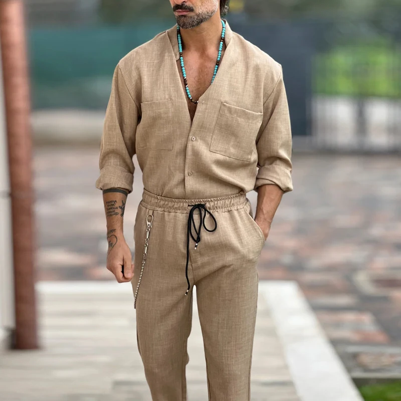 Spring Men Cotton Linen Breathable Tracksuit Long Sleeve Button V-neck Top+Drawstring Long Pants Office Sets Casual Solid Suits
Spring Men Cotton Linen Breathable Tracksuit Long Sleeve Button V-neck Top+Drawstring Long Pants Office Sets Casual Solid Suits