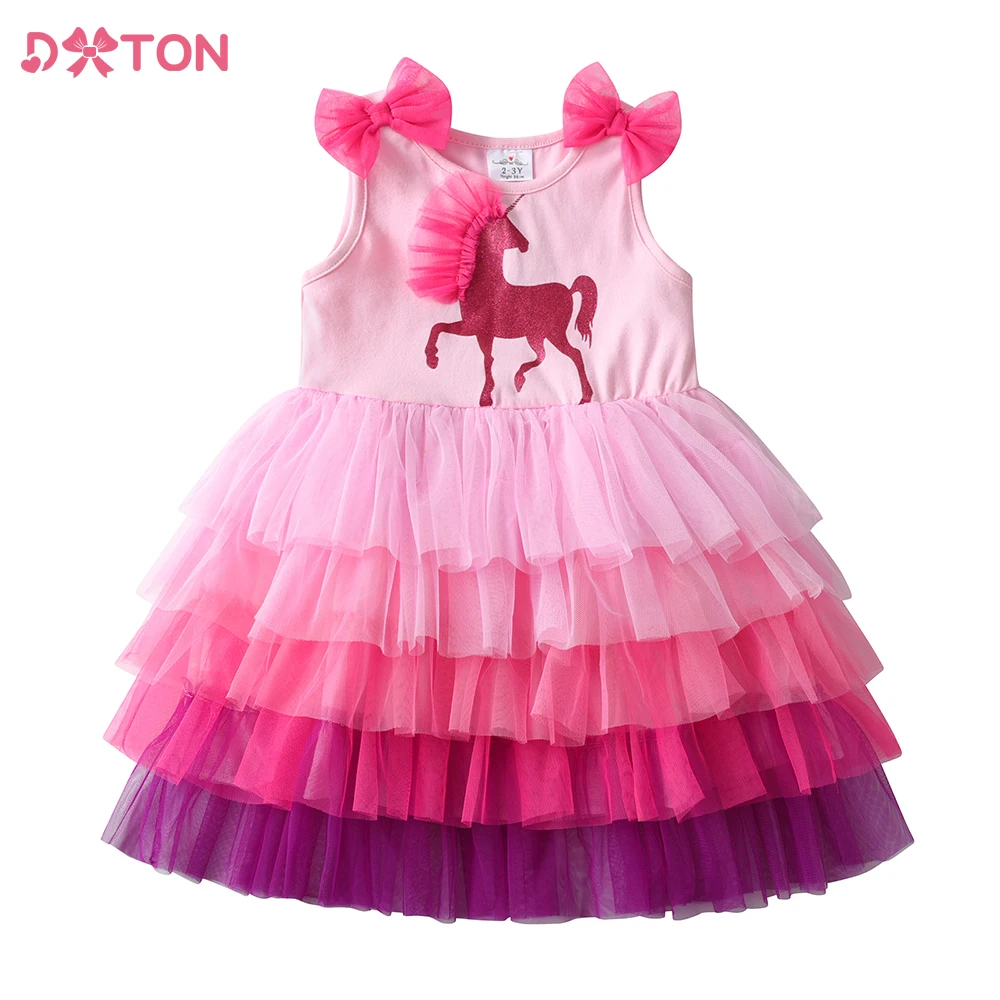 

DXTON Kids Layered Tutu Dress Girls Unicorn Cartoon Summer Sleeveless Dress Kids Dresses with Bow Knot Children Clothes 3-12 Yrs