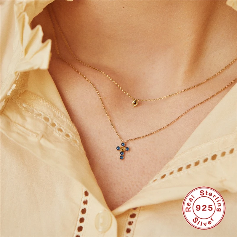 

AIDE 925 Silver Gold Necklace for Women Jewelry on the Neck Chain Blue Cross Choker Clavicle Mujer Collares Bijoux Cadena Plata