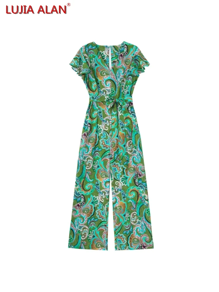 Women Vintage Paisley Printing Green Siamese Pants Casual Female Short Sleeve Loose Jumpsuits Streetwear LUJIA ALAN P3087
Women Vintage Paisley Printing Green Siamese Pants Casual Female Short Sleeve Loose Jumpsuits Streetwear LUJIA ALAN P3087