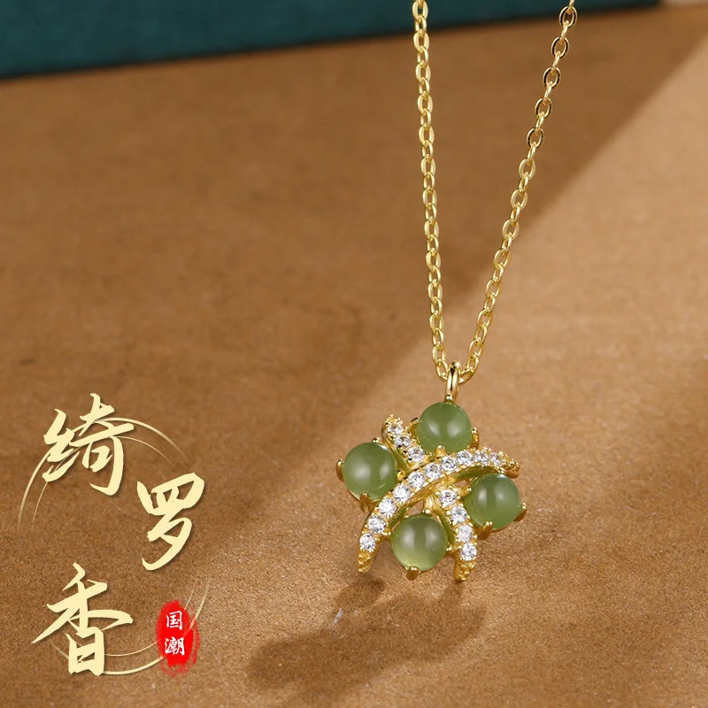 

Fashion Chinese Style 925 Silver Inlaid Natural Hotan Jasper Lucky Pendant for Women Party Girlfriend Birthday Gift No Chain