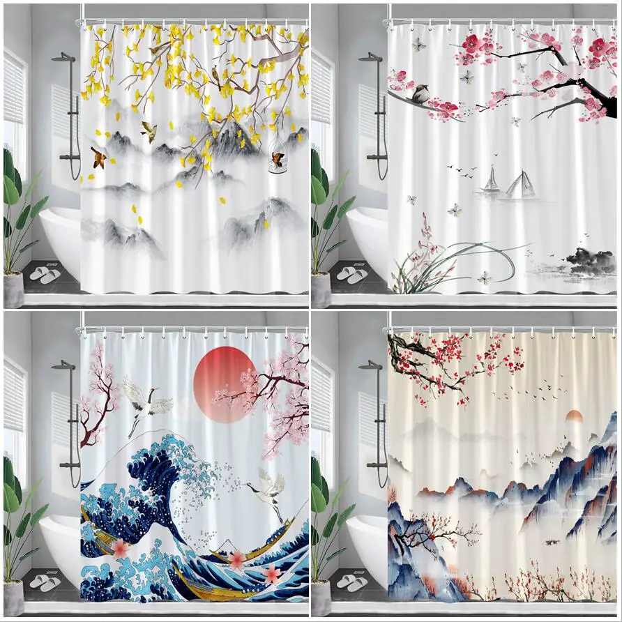 

Шторы для душа в японском стиле с изображением пейзажа, абстрактные горы, морские волны, цветение вишни, птицы, полиэстеровый декор для ванной комнаты с крючками