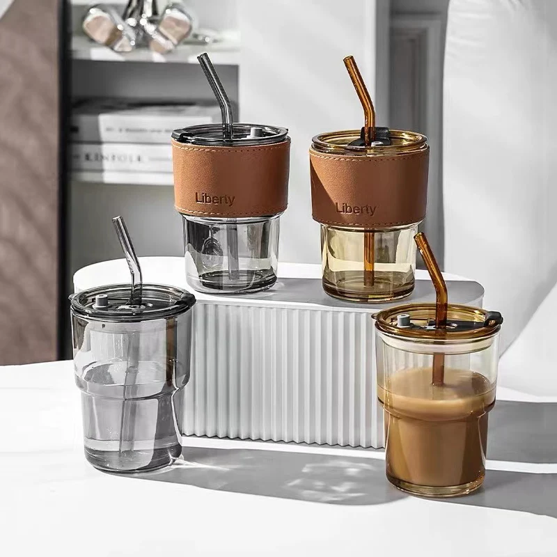 

380ML Antiskid Heat insulation Glass Straw Coffee Cup Can Be Hot Microwave Double Drink Sippy Cup Portable Travel Office Cup