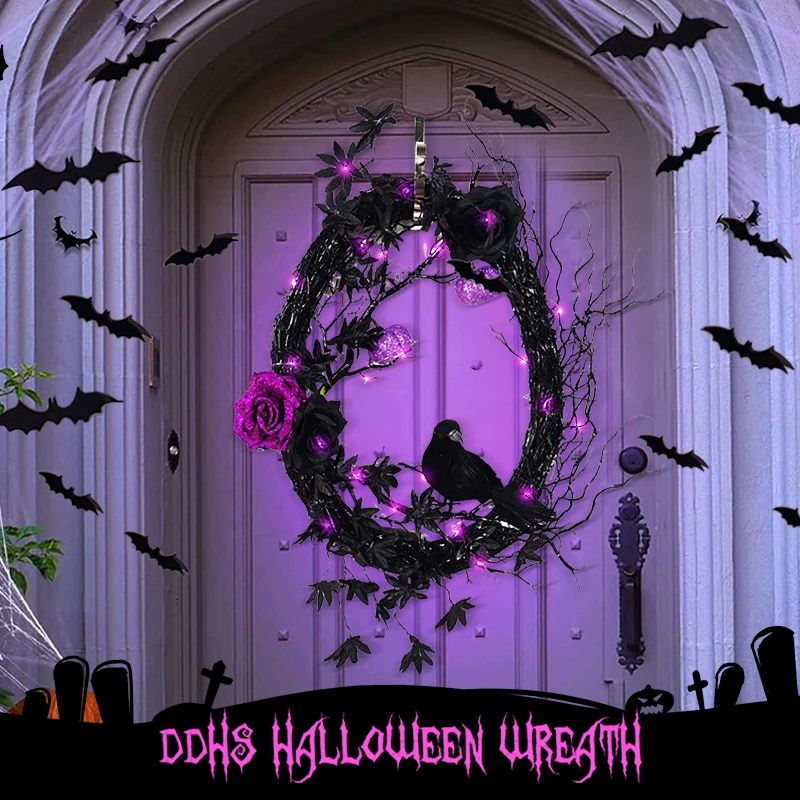 

Luminous Halloween Wreaths Bat Black Cat Crow Black Branch Wreath With Led Light For Halloween Front Door Window Wall Decoration
