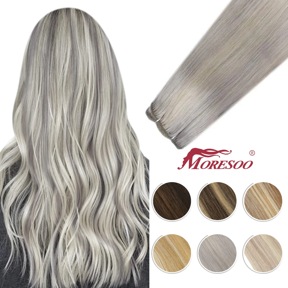 

Moresoo Human Hair Wefts Sew in Hair Balayage Blonde Hair Natural Straight 100G/Set Brazilian Remy Hair Weaving Bundles Weft