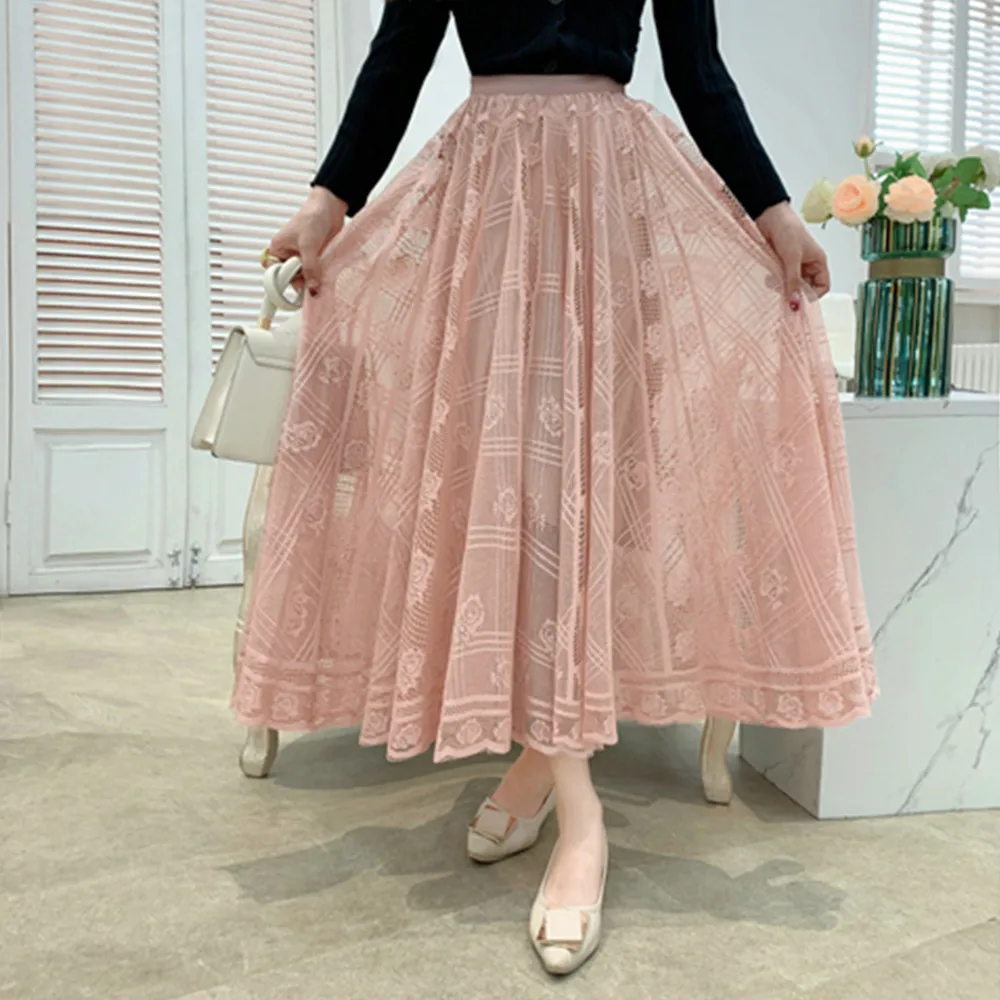 Women Vintage Mesh Lace Transparent Long Skirt Korean Fashion Summer Ladies Elastic High Waist Black White Pink Midi Skirts
Women Vintage Mesh Lace Transparent Long Skirt Korean Fashion Summer Ladies Elastic High Waist Black White Pink Midi Skirts