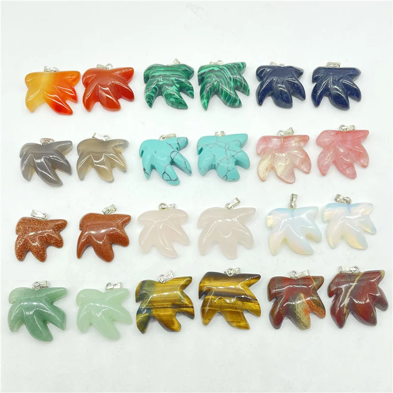

Natural Gem Stone Quartz Crystal Turquoise Tiger Eye Aventurine Maple Leaf Pendant Charms For Diy Jewelry Making Necklace 12pcs