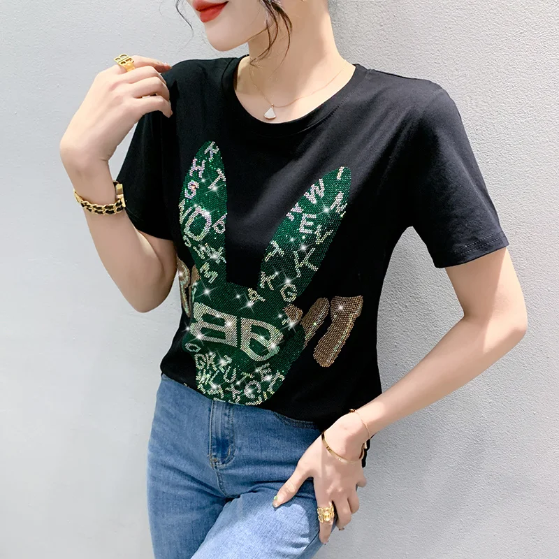 #6186 Cartoon Womens Tshirt Diamonds Korean Fashion Slim Cotton Black Red Green White Short Sleeve T Shirts Summer
#6186 Cartoon Womens Tshirt Diamonds Korean Fashion Slim Cotton Black Red Green White Short Sleeve T Shirts Summer