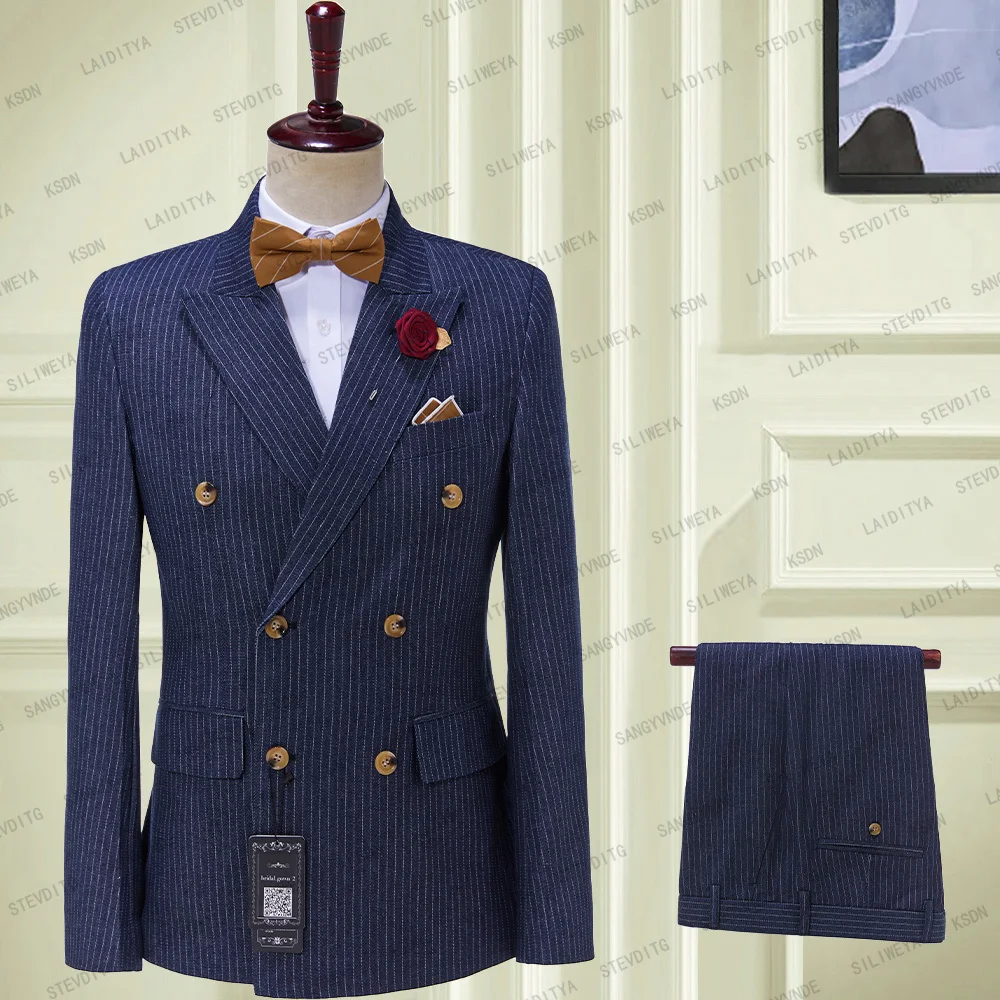 2023 Mens Suits 2 Pieces Vintage Double Breasted Suit Denim Blue Stripe Terno Slim Large Lapels Wedding Groom Tuxedo Tailcoat
2023 Mens Suits 2 Pieces Vintage Double Breasted Suit Denim Blue Stripe Terno Slim Large Lapels Wedding Groom Tuxedo Tailcoat