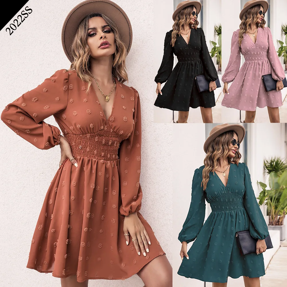 2022 Spring/Summer V-neck long-sleeved polka-dot jacquard high-waisted slim A-line large swing women's dress
2022 Spring/Summer V-neck long-sleeved polka-dot jacquard high-waisted slim A-line large swing women's dress