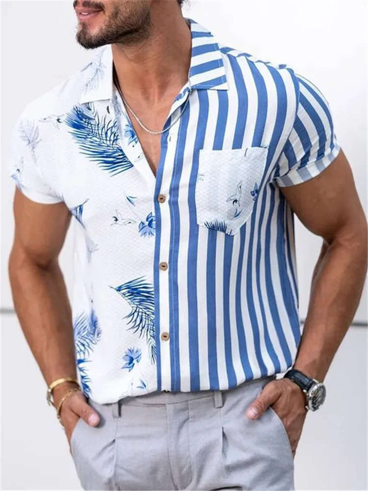 

Новинка 2022, летняя пляжная Европейская и американская мужская полосатая строченная рубашка с принтом, повседневная мужская рубашка с корот...