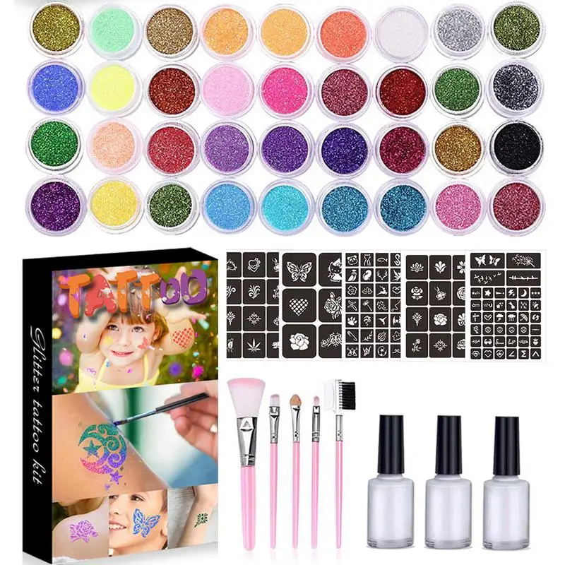 36 Colors Glitter Tattooss Kit Temporary Tattooss Set With 105pcs/5 Sheets Unique Tattooss Stencil&3 Glue&5 Brushes Face Body
36 Colors Glitter Tattooss Kit Temporary Tattooss Set With 105pcs/5 Sheets Unique Tattooss Stencil&3 Glue&5 Brushes Face Body
