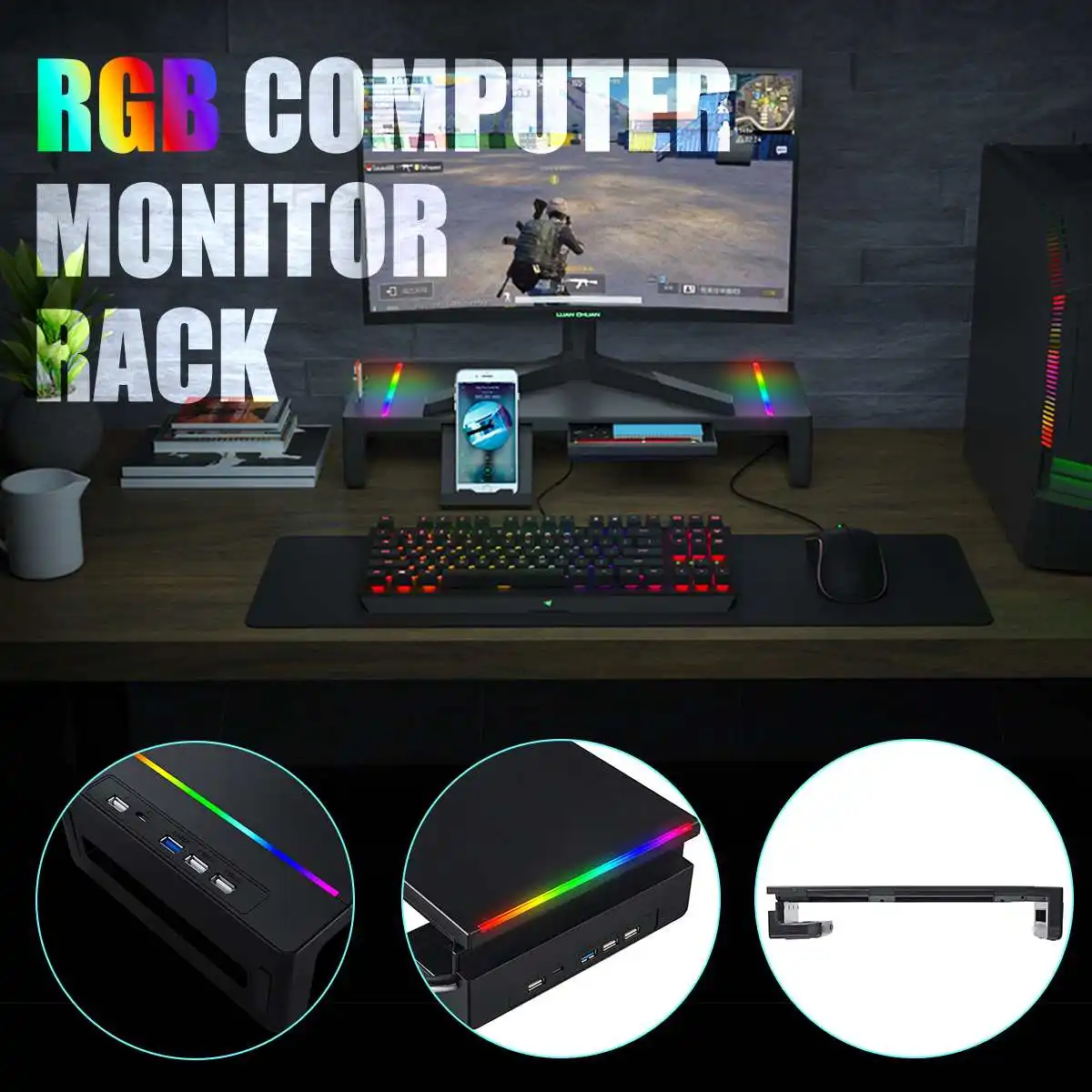 RGB Monitor Stand Riser Desk Support 3 USB3.0 Keyboard Mouse Storage Shelf Screen Rack with Charging Cable Drawer Phone Holder
RGB Monitor Stand Riser Desk Support 3 USB3.0 Keyboard Mouse Storage Shelf Screen Rack with Charging Cable Drawer Phone Holder