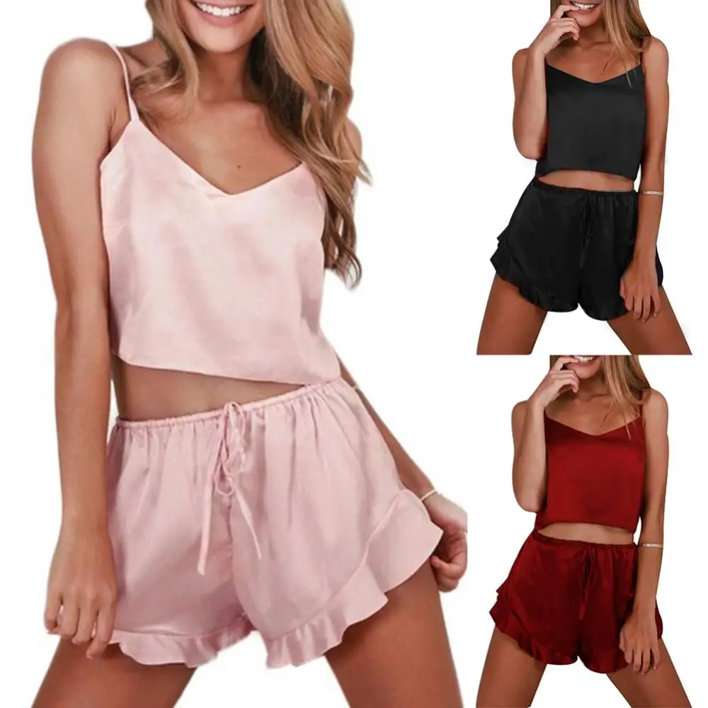 2019 Sexy Summer Solid Color Nightwear Women V Neck Camisole Top Ruffled Shorts Top Sleepwear Strap Sling Silky Pyjama Sets
2019 Sexy Summer Solid Color Nightwear Women V Neck Camisole Top Ruffled Shorts Top Sleepwear Strap Sling Silky Pyjama Sets
