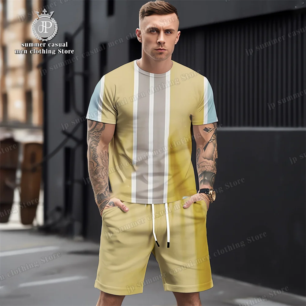 2023 Men's Casual Short Sleeved T-shirt Set Fashion 3D Stripe Printed Street Clothing 2 Piece Suit Summer Men's Tracksuit
2023 Men's Casual Short Sleeved T-shirt Set Fashion 3D Stripe Printed Street Clothing 2 Piece Suit Summer Men's Tracksuit